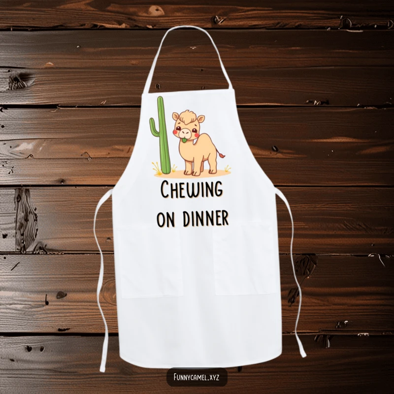 Funny Kawaii Camel Apron featuring a cute camel playfully chewing an abstract desert plant, perfect for kitchen fun.