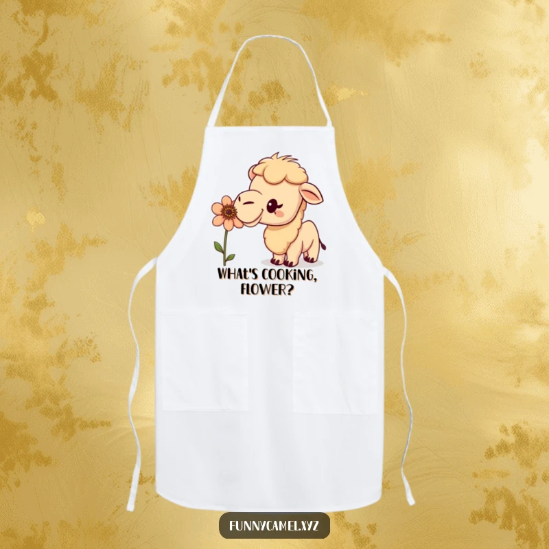 Funny curious camel sniffing a peculiar flower with an excited bobble, printed on a functional apron, ideal for humorous gardening.