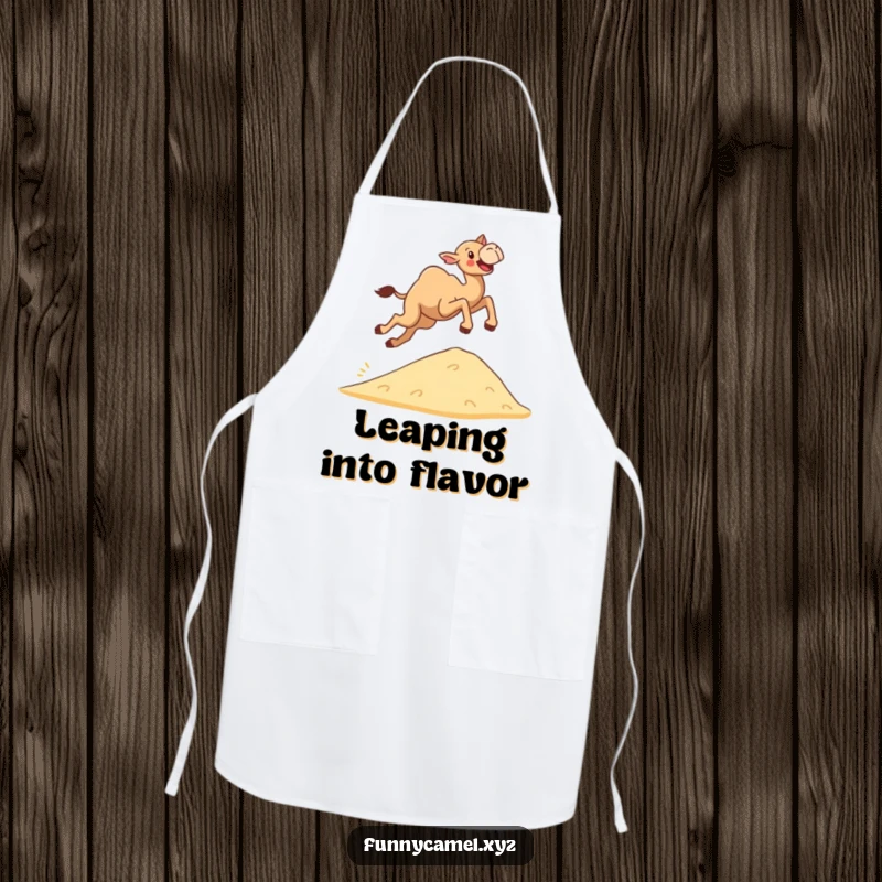 Funny determined camel leaping joyfully over a small sand dune, printed on a functional apron, ideal for humorous cooking.