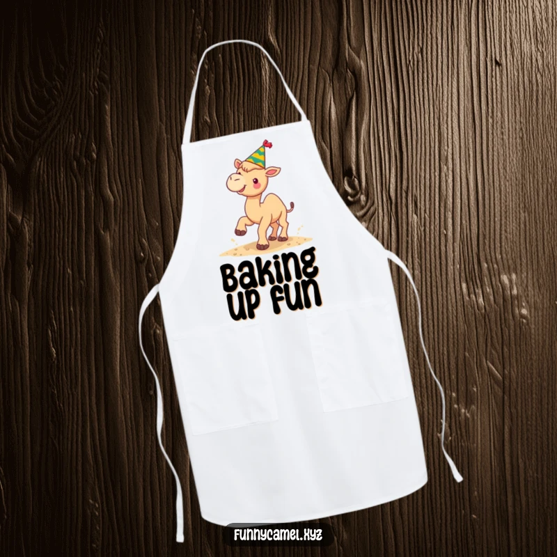 Funny kawaii camel in a festive hat kicking sand upwards, on a practical and cheerful holiday apron.