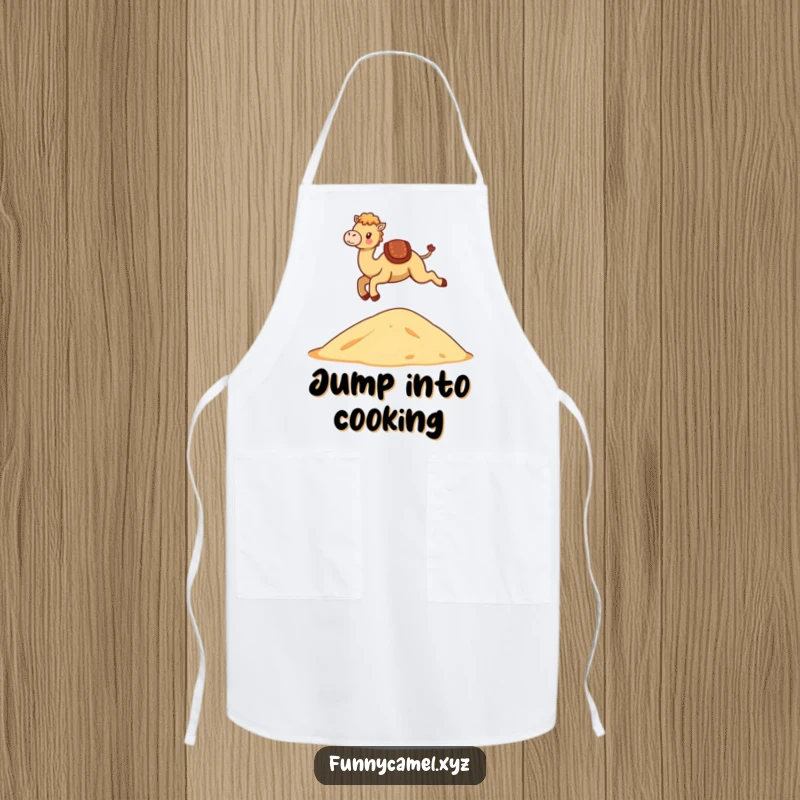 Funny Kawaii Camel Apron featuring a cute camel gracefully leaping over a stylized dune, perfect for kitchen fun.