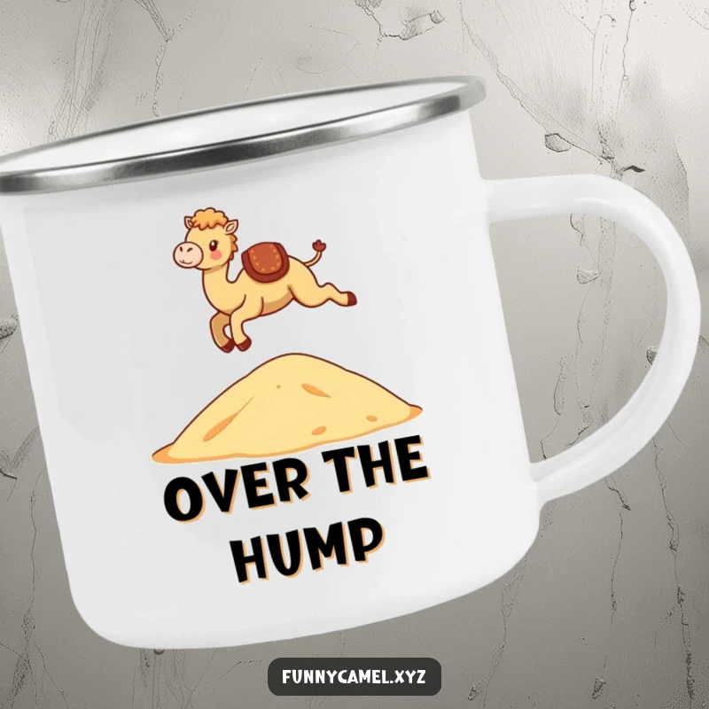 Funny Kawaii Camel Camping Mug featuring a cute camel gracefully leaping over a stylized dune, for outdoor fun.
