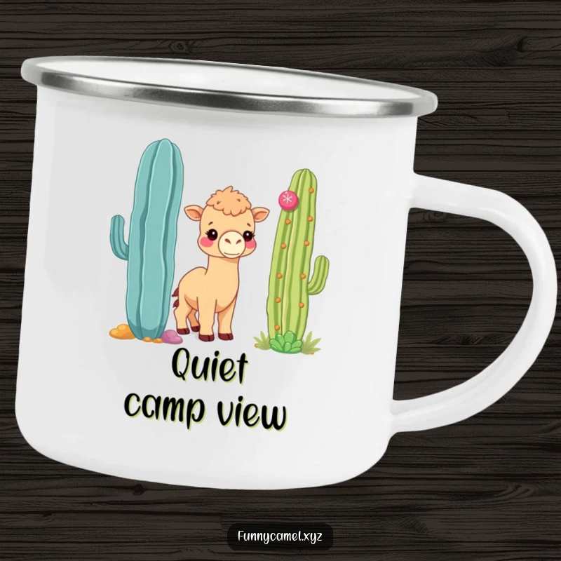 Funny shy kawaii camel peeking from behind a colorful cactus, on a rugged enamel camping mug.