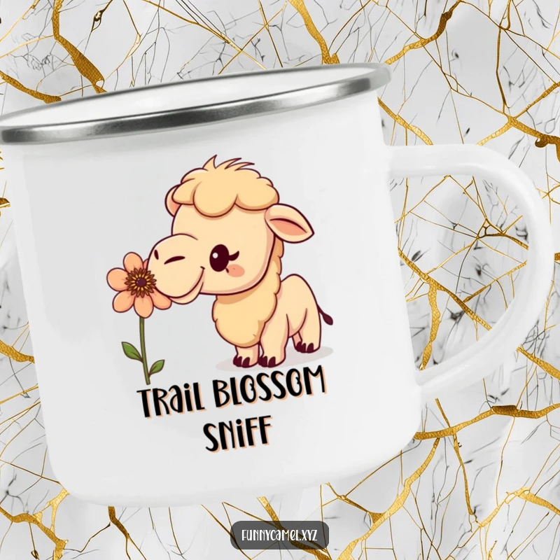 Funny curious camel sniffing a peculiar flower with an excited bobble on a sturdy camping mug, perfect for humorous outdoor exploration.