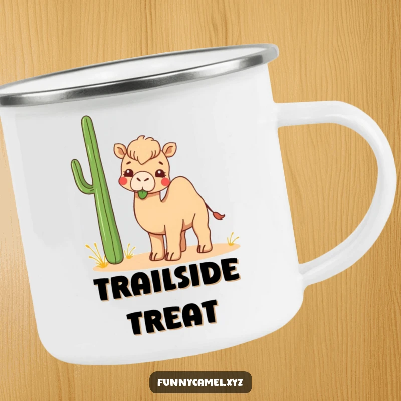 Funny Kawaii Camel Camping Mug featuring a cute camel playfully chewing an abstract desert plant, for outdoor humor.