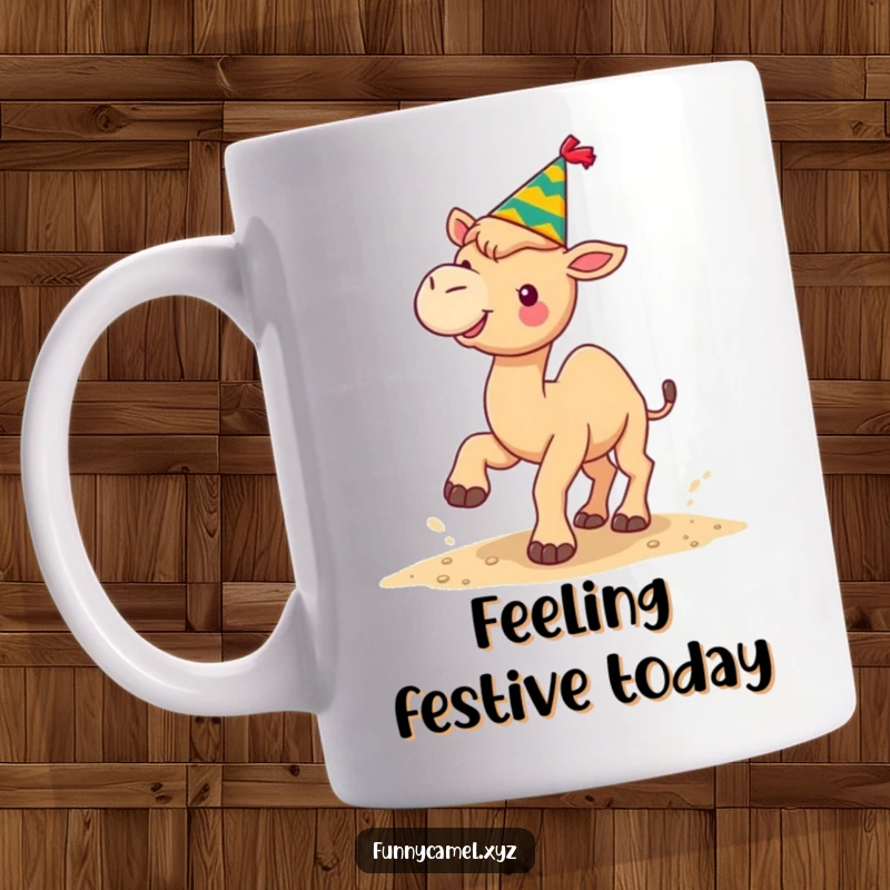 Funny kawaii camel in a festive hat kicking sand joyfully, on a holiday-themed coffee mug.