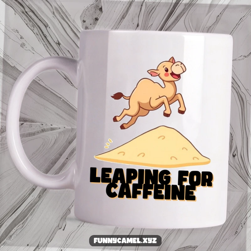 Funny determined camel leaping joyfully over a small sand dune on a mug, embodying freedom and energetic fun.