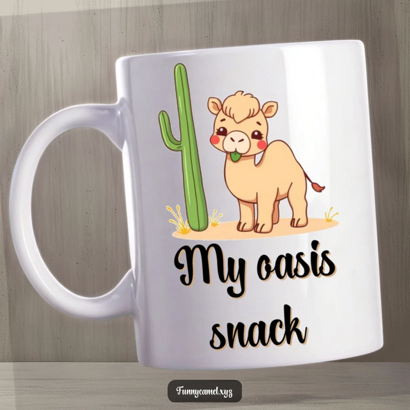 Funny Kawaii Camel Mug featuring a cute camel playfully chewing an abstract desert plant, perfect for a chuckle.