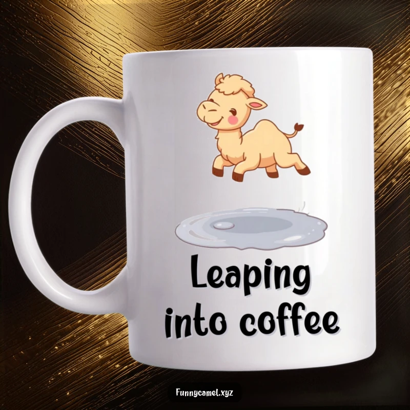 Funny cute camel gleefully jumping over a small shimmering puddle, on a coffee mug.