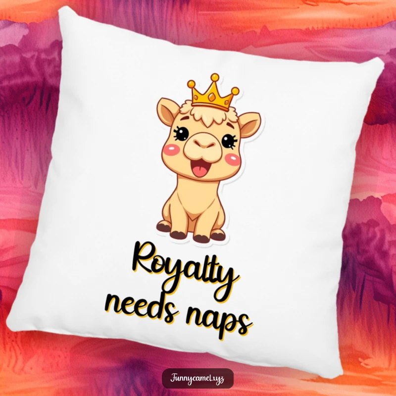 Funny delighted camel wearing a tiny crown, beaming brightly, adorning a soft, huggable pillow for cozy, humorous comfort.