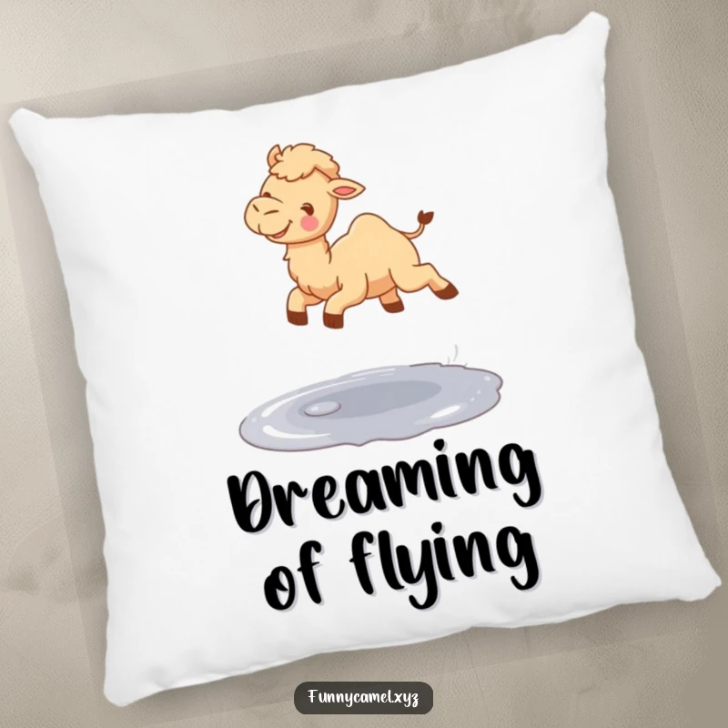 Funny cute camel gleefully jumping over a small puddle, printed on a soft, decorative throw pillow.