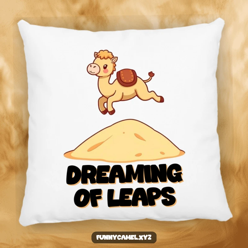 Funny Kawaii Camel Pillow with a cute camel gracefully leaping over a stylized dune, adding comfort and joy.