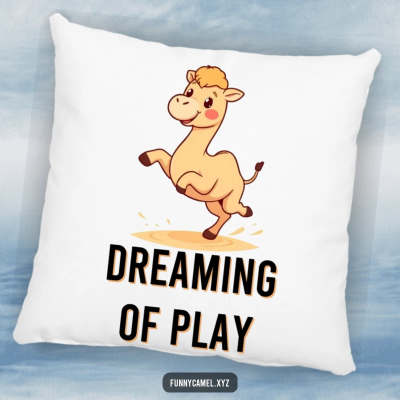 Funny pillow featuring a cute kawaii camel character joyfully kicking sand with its back legs, offering soft and happy decor.
