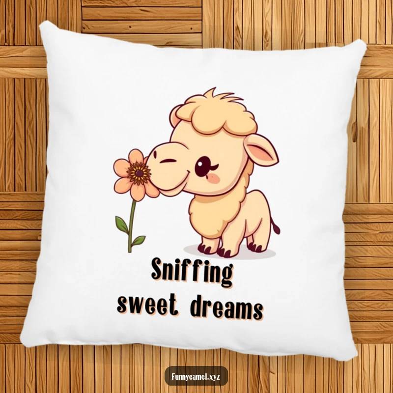 Funny curious camel sniffing a peculiar flower with an excited bobble, adorning a soft, huggable pillow for cozy, humorous lounging.