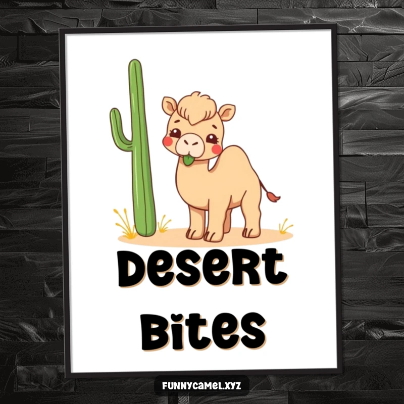 Funny Kawaii Camel Digital Art Print showing a cute camel playfully chewing an abstract desert plant, modern decor.