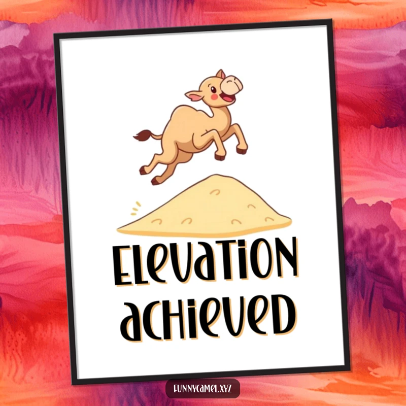 Funny determined camel leaping joyfully over a small sand dune, available as an instant digital art print for energetic decor.