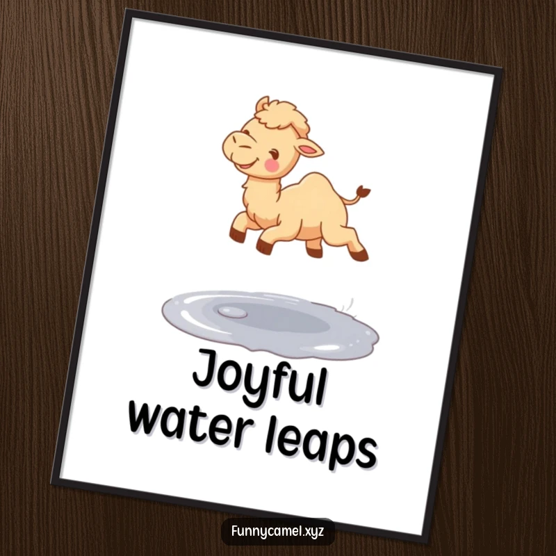 Funny cute camel gleefully jumping over a small shimmering puddle, as printable digital art.
