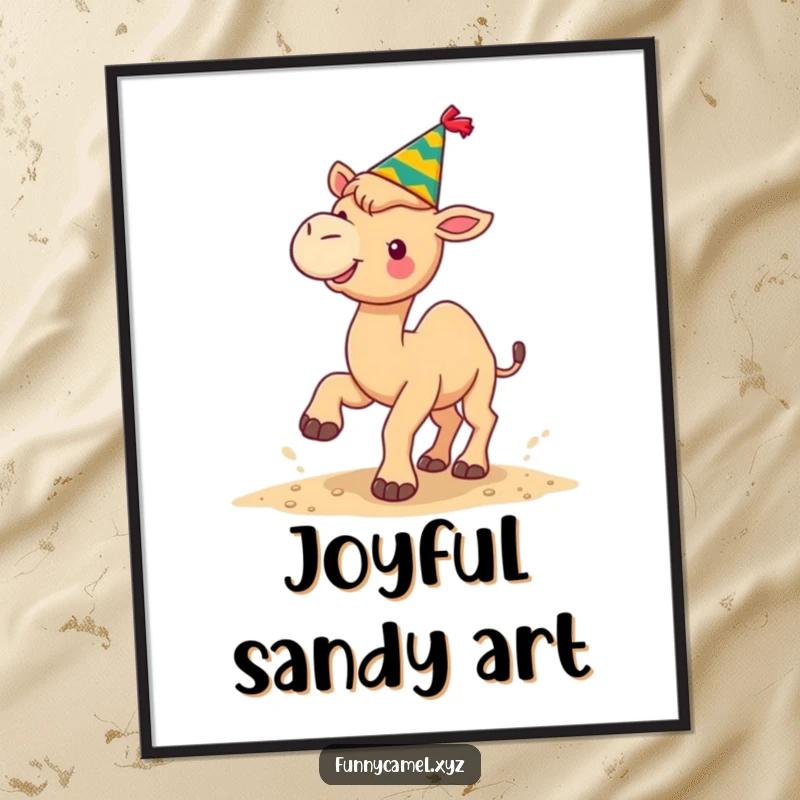Funny kawaii camel wearing a festive hat, joyfully kicking sand upwards, as printable digital art.