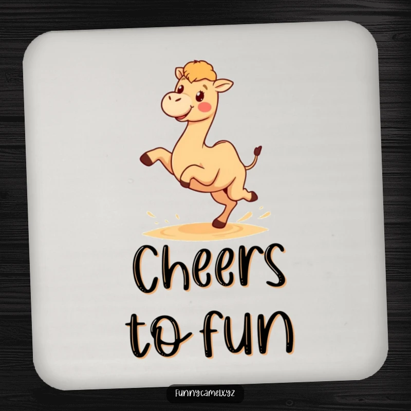 Funny drink coaster with a cute kawaii camel character joyfully kicking sand, adding playful desert humor to any surface.