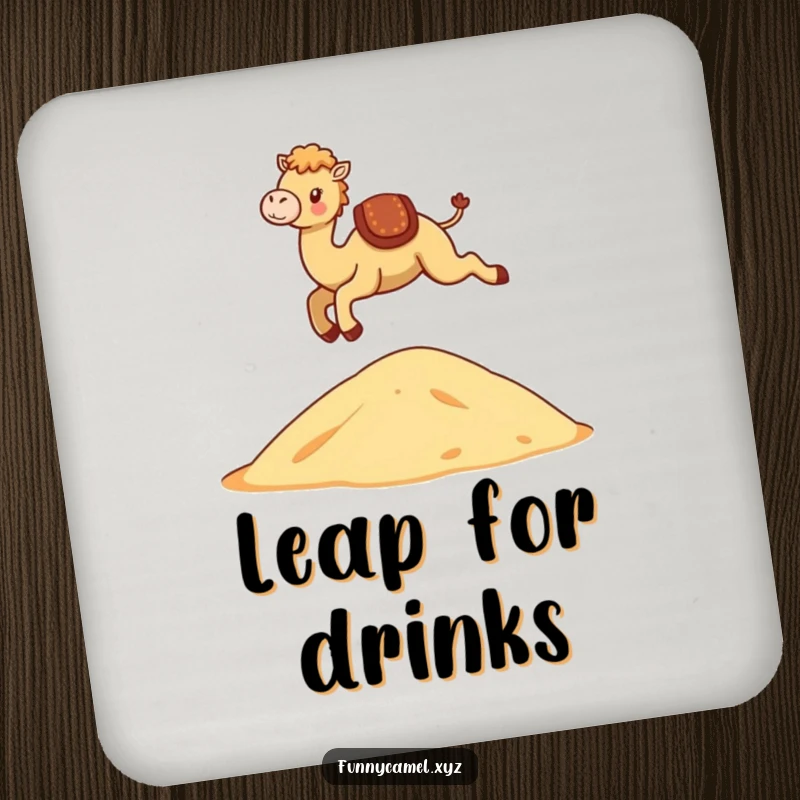 Funny Kawaii Camel Coaster with a cute camel gracefully leaping over a stylized dune, protecting surfaces.