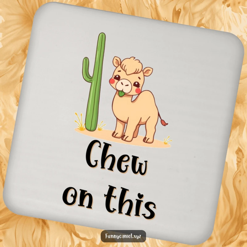 Funny Kawaii Camel Coaster with a cute camel playfully chewing an abstract desert plant, protecting surfaces.