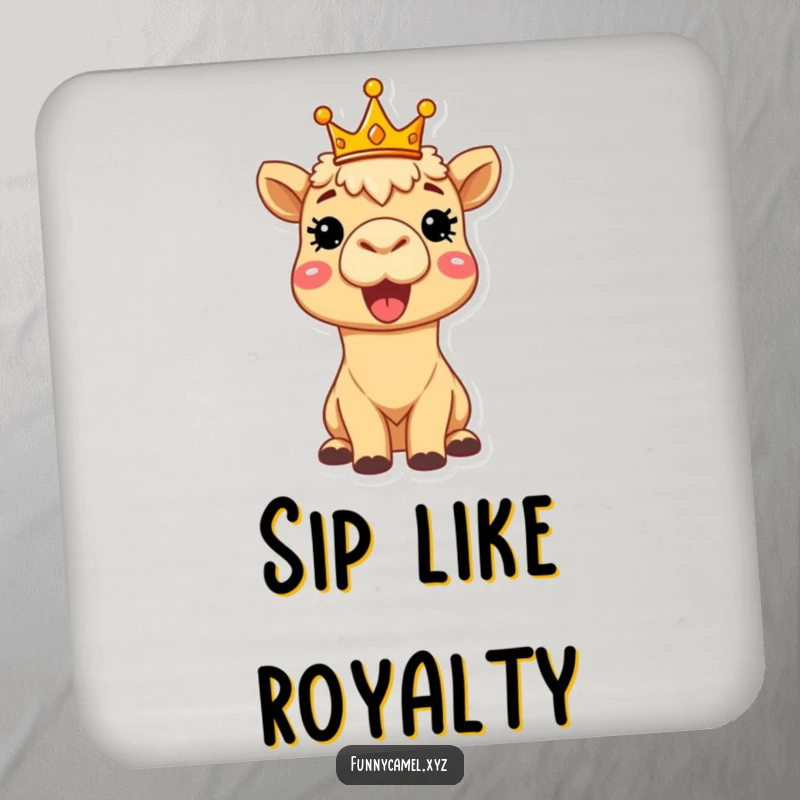 Funny delighted camel wearing a tiny crown, beaming brightly on a protective drink coaster, adding regal humor to tabletops.