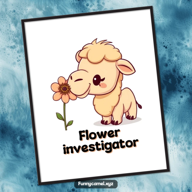 Funny curious camel with an excited bobble, sniffing a peculiar flower, displayed as charming wall art on a poster.