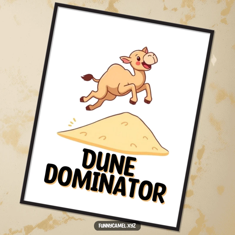 Funny determined camel leaping joyfully over a small sand dune, displayed as dynamic wall art on a poster.