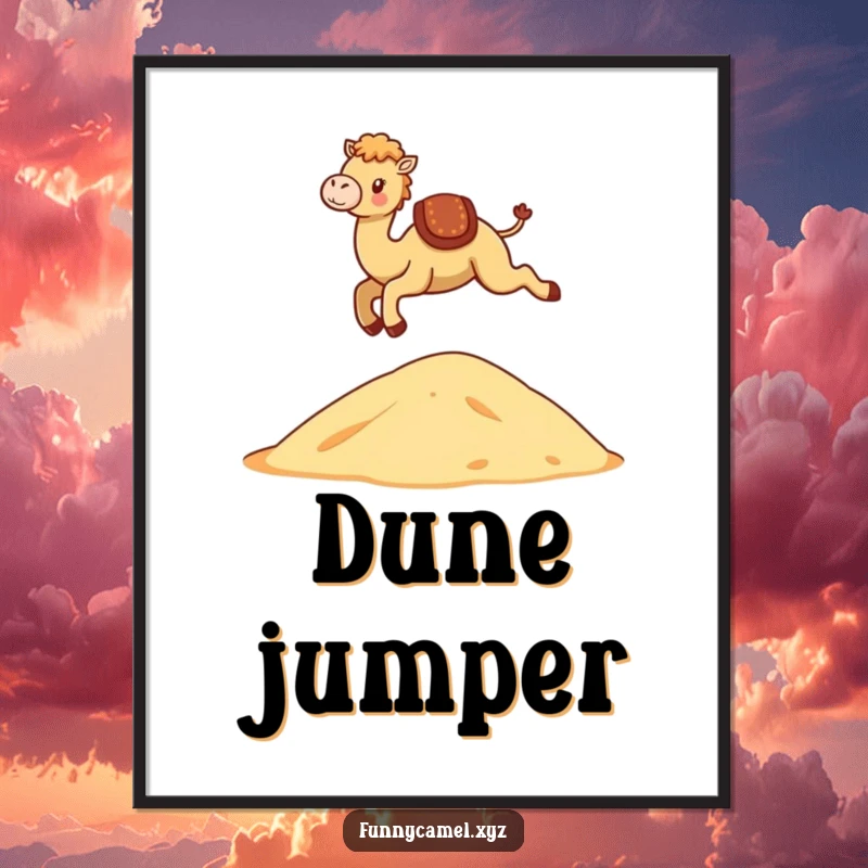 Funny Kawaii Camel Poster showing a cute camel gracefully leaping over a stylized dune, vibrant wall art.