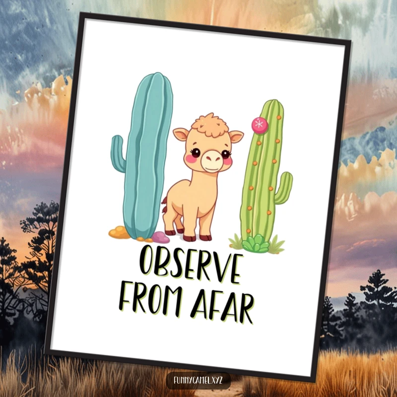 Funny shy kawaii camel peeking from behind a large, colorful cactus, as a charming wall poster.