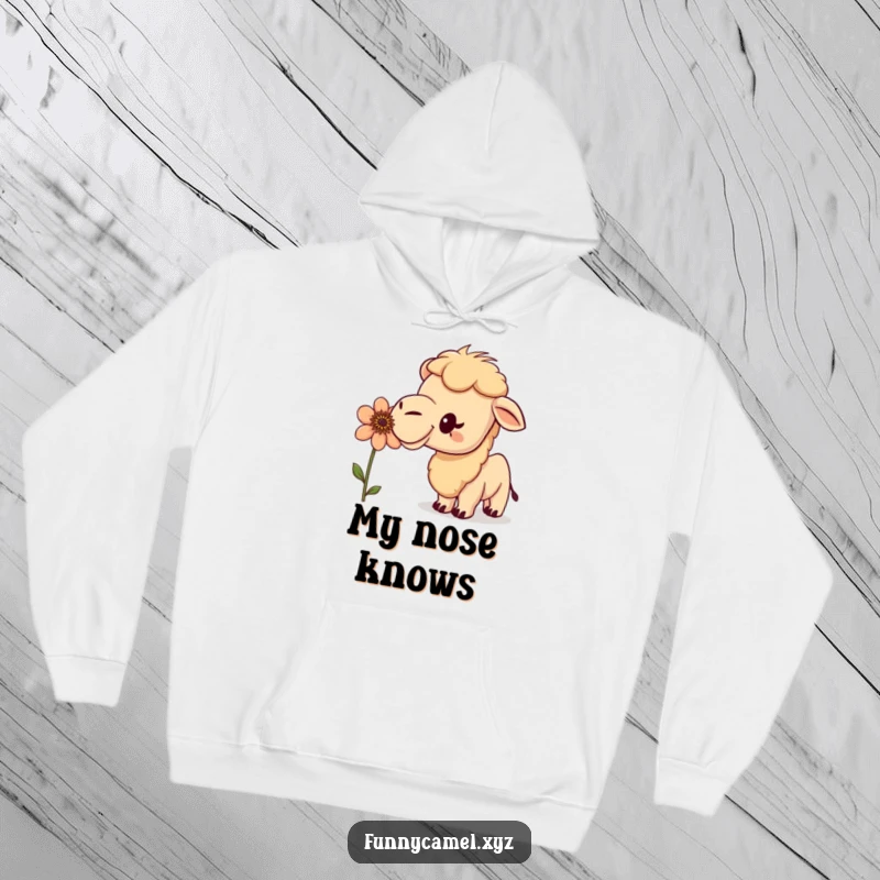 Funny curious camel with an excited bobble, sniffing a peculiar flower, featured on a soft, warm hoodie for cozy adventures.