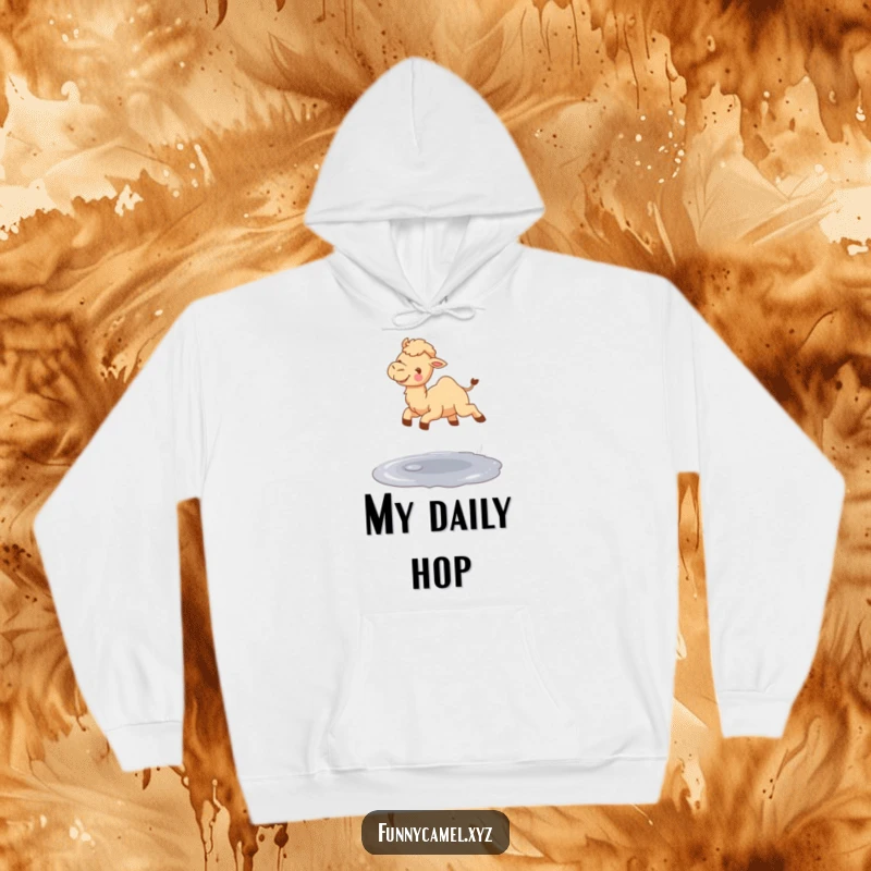 Funny cute camel gleefully jumping over a small puddle, printed on a soft, warm hoodie.