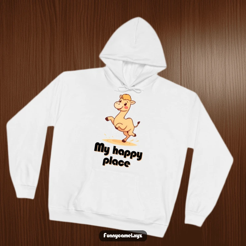 Funny hoodie illustration of a cute kawaii camel character joyfully kicking sand with its hind legs, expressing carefree desert fun.
