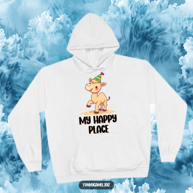 Funny kawaii camel in a festive hat joyfully kicking sand, printed on a warm, comfortable hoodie.