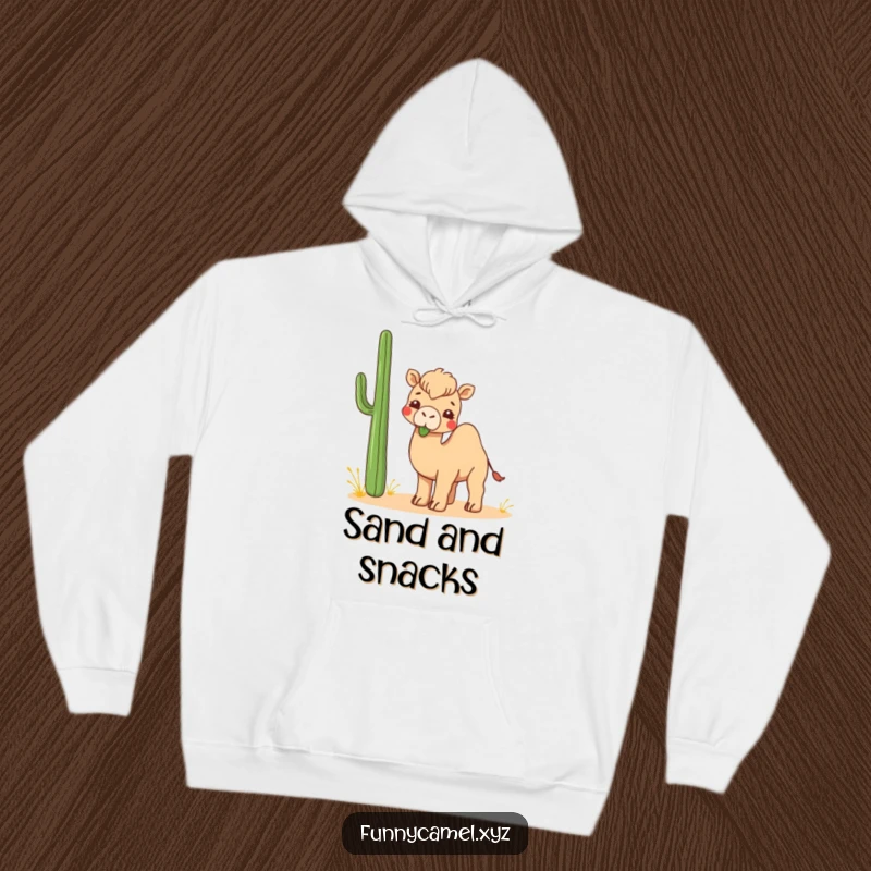 Funny Kawaii Camel Hoodie depicting a cute camel playfully chewing on an abstract desert plant, a cozy and humorous statement.