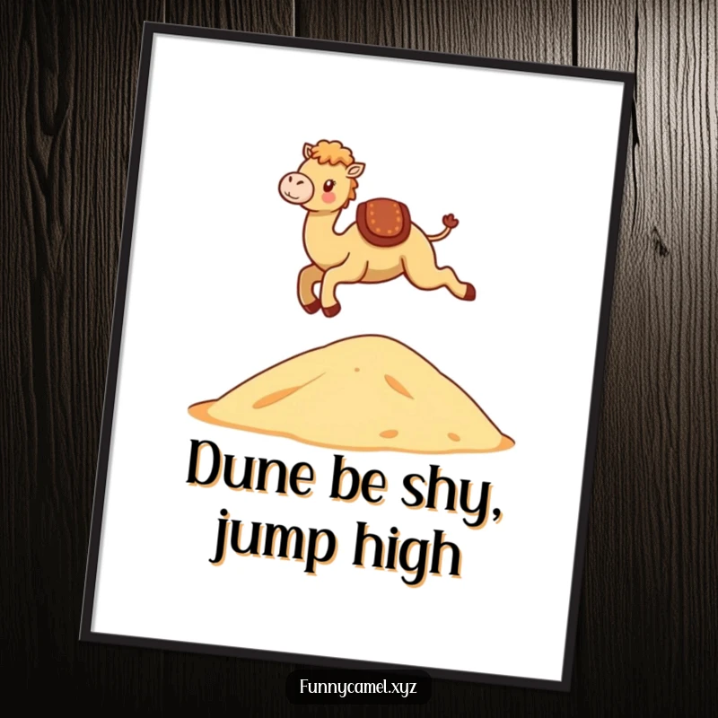 Funny Free Printable Wall Art: Kawaii camel captured mid-leap over a stylized desert dune.