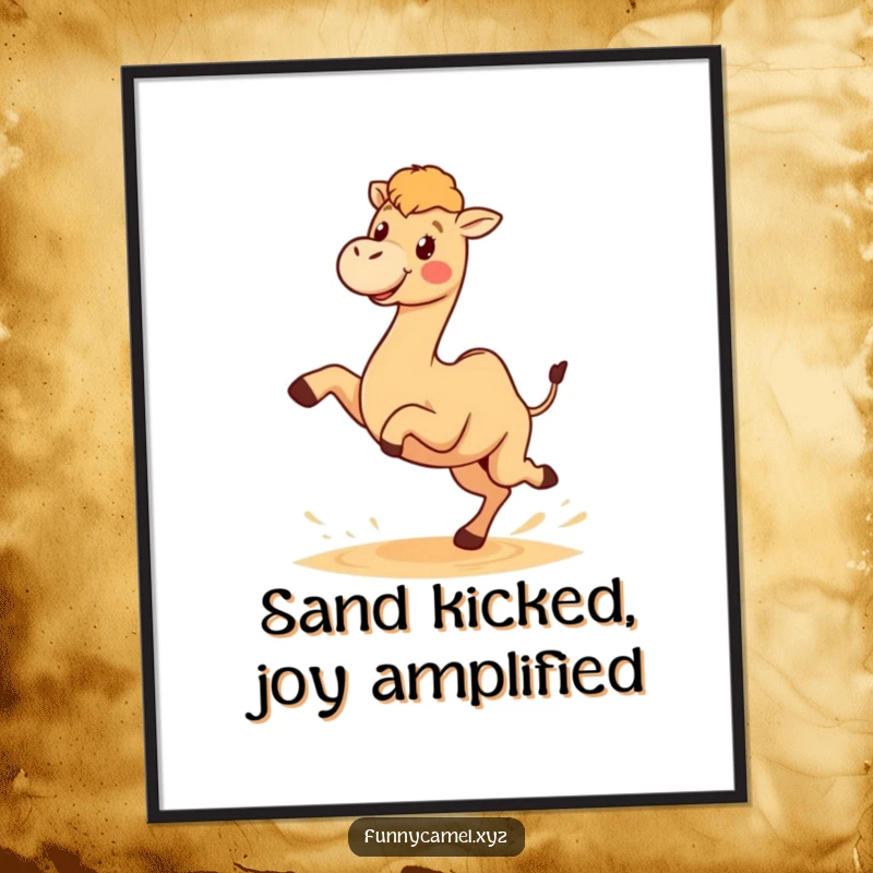 Funny Free Printable Wall Art, a cute kawaii camel character joyfully kicking sand with both hind legs, embodying pure happiness.