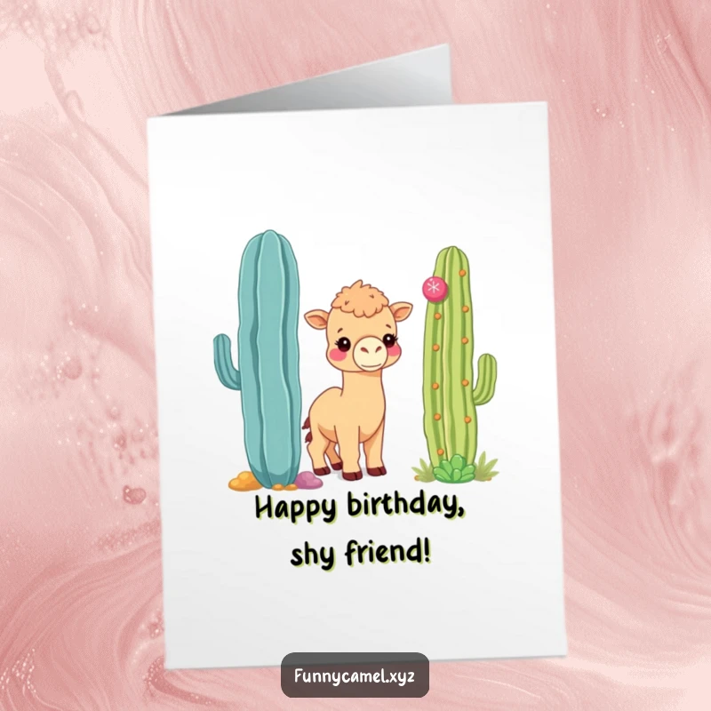 Funny Free Printable Birthday Card: Shy kawaii camel peeking around a cactus, sending birthday wishes gently.