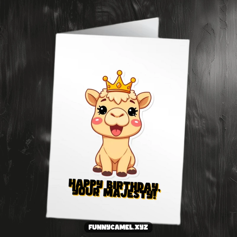 Funny Free Printable Birthday Card: A delighted camel wearing a tiny crown, beaming brightly like royalty. Perfect downloadable gift.