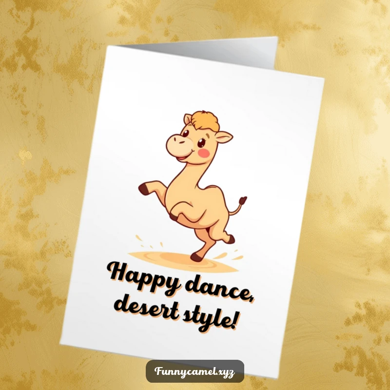 Funny Free Printable Birthday Card, a kawaii camel character joyfully kicking up sand with both hind legs in a playful manner.