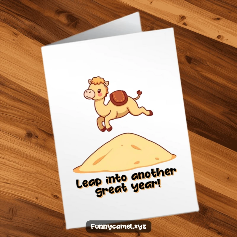 Funny Free Printable Birthday Card: Kawaii camel in mid-air, leaping over a stylized dune.