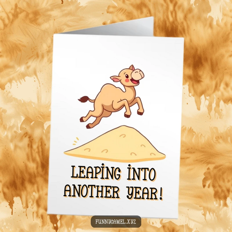 Funny Free Printable Birthday Card: A determined camel gleefully leaping over a sand dune, celebrating with pure joy. Downloadable gift.