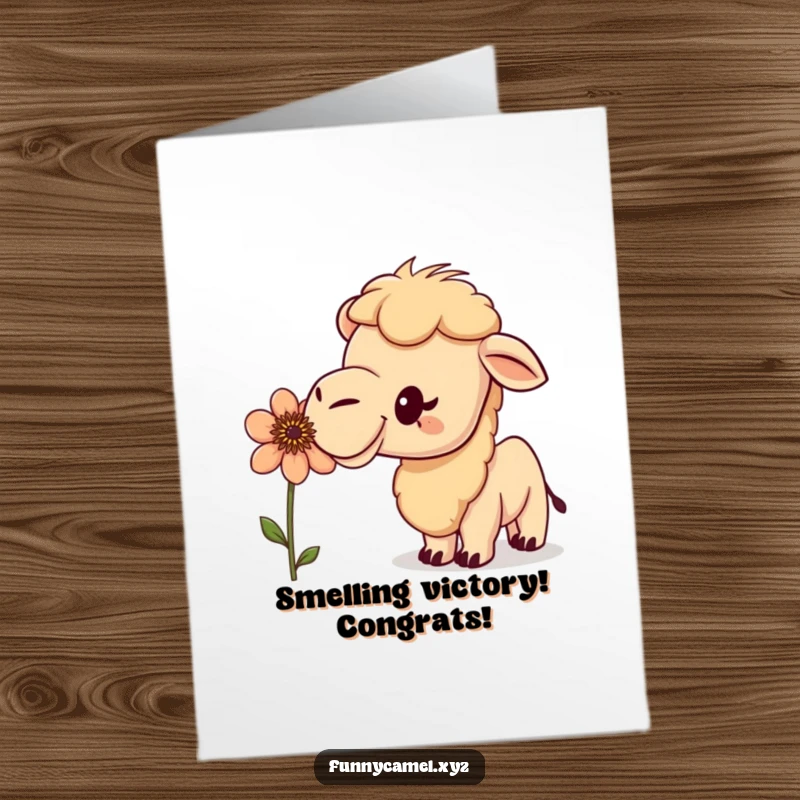Congrats Free Printable Card: A curious camel sniffing an unusual flower with excitement, celebrating discovery. Print at home.
