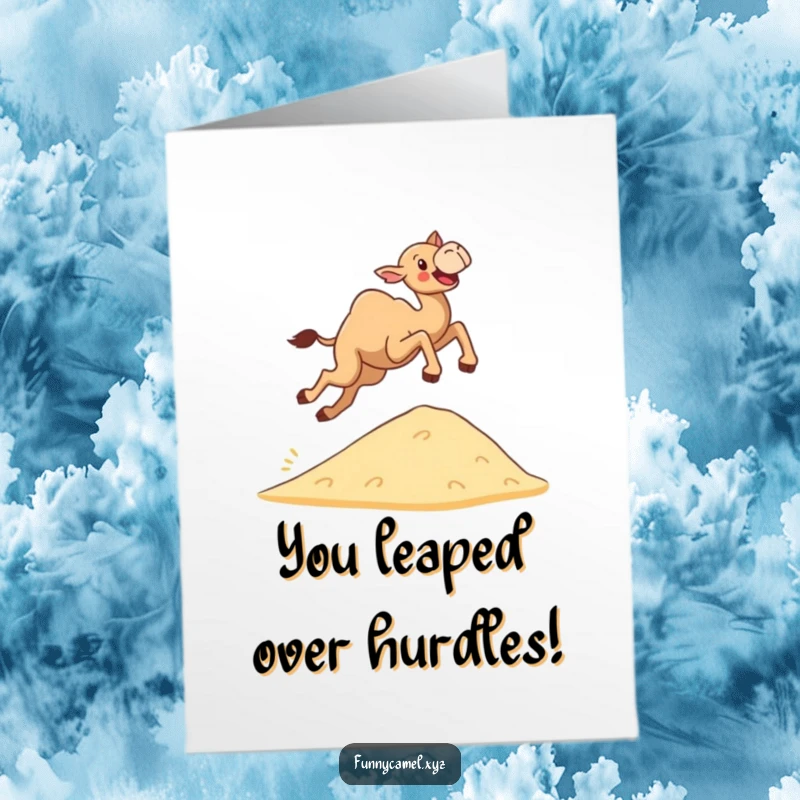 Congrats Free Printable Card: A determined camel leaping gleefully over a sand dune, signifying overcoming challenges. Print at home.