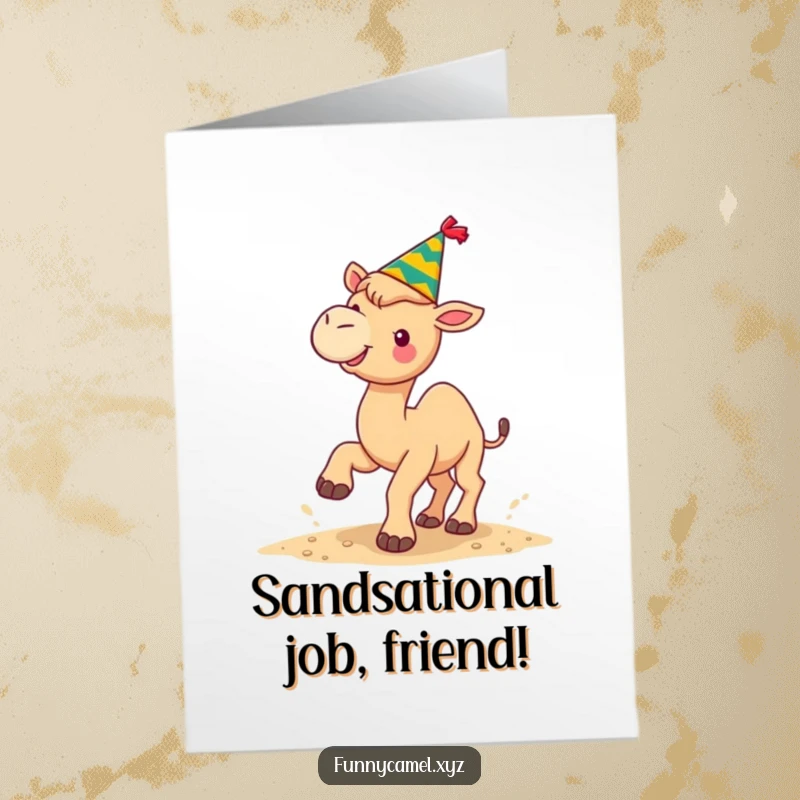 Funny Free Printable Congrats Card: Kawaii camel in a party hat, kicking sand with pure glee, a festive cheer.