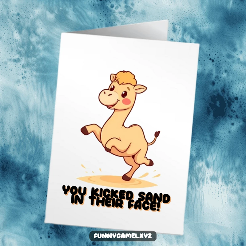 Funny Free Printable Congrats Card, a kawaii camel character joyfully kicking up sand with its hind legs, celebrating an achievement.