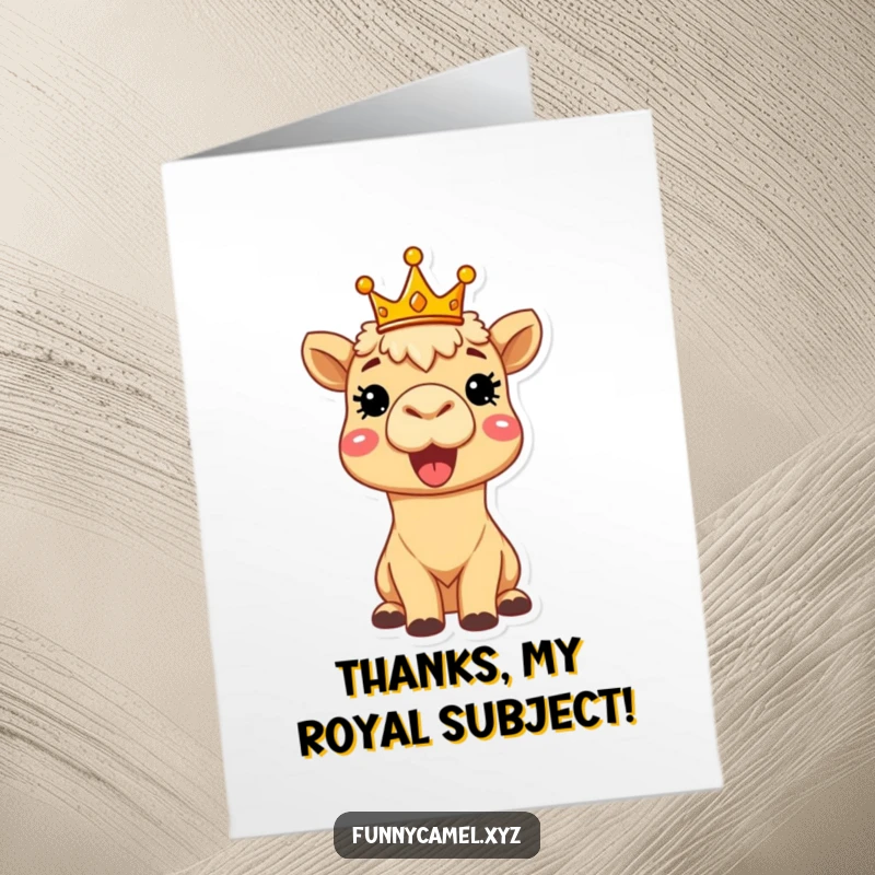 Free Printable Thank You Card: A delighted camel beaming brightly while wearing a tiny crown, signifying great appreciation. Easy DIY.