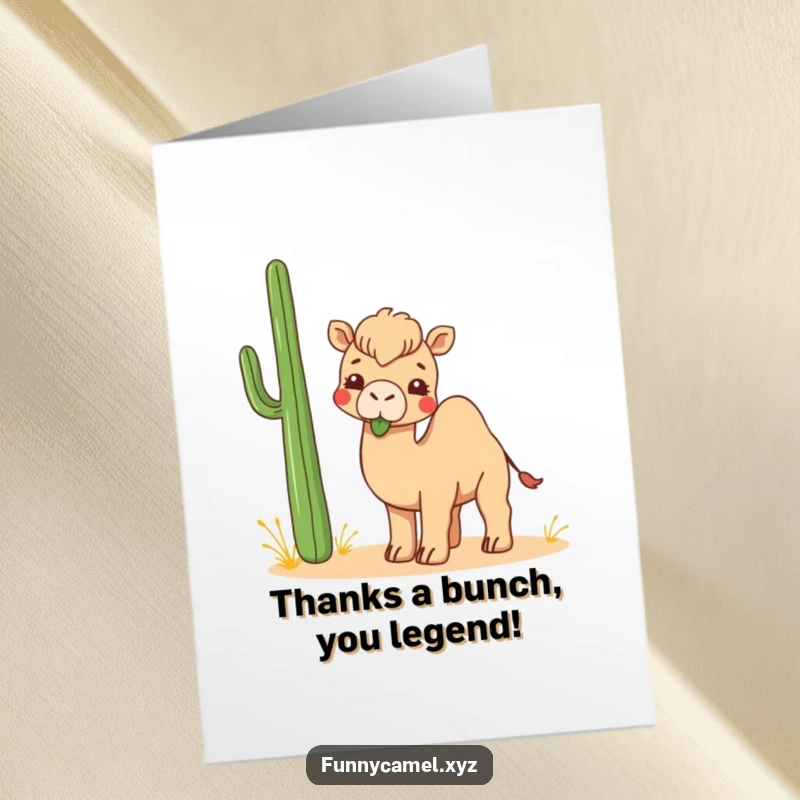 Funny Free Printable Thank You Card: Kawaii camel with a desert plant, conveying thanks.