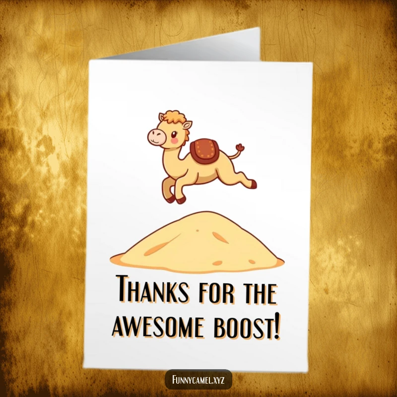 Funny Free Printable Thank You Card: Kawaii camel leaping, symbolizing happy thanks.