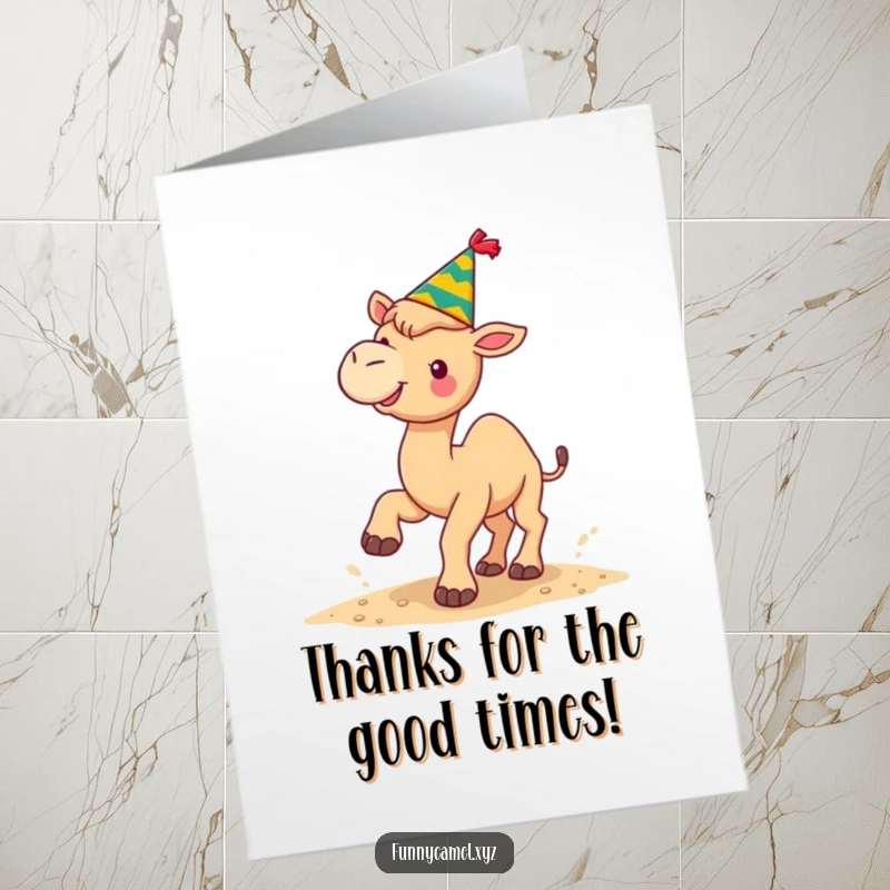 Funny Free Printable Thank You Card: Kawaii camel in a party hat, kicking sand happily, sending thankful vibes.